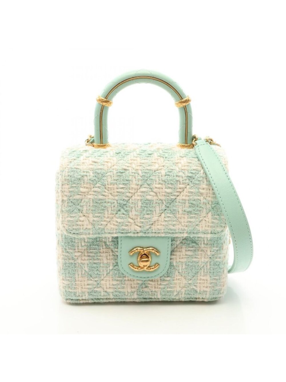 Chanel Shoulder Bag Quilted Top Handle Check 2-Way White Mint Green Fabric